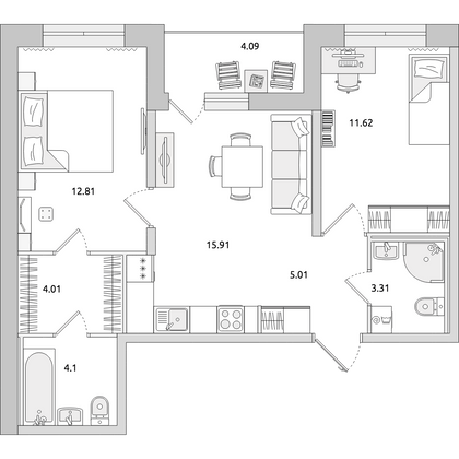 Продажа 2-комнатной квартиры 60,9 м², 2/15 этаж