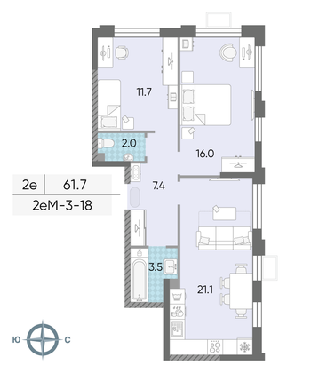 Продажа 2-комнатной квартиры 61,7 м², 18/24 этаж