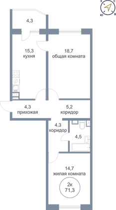 71,3 м², 2-комн. квартира, 6/16 этаж