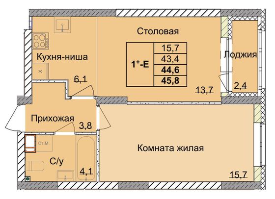 Продажа 1-комнатной квартиры 44,6 м², 4/18 этаж