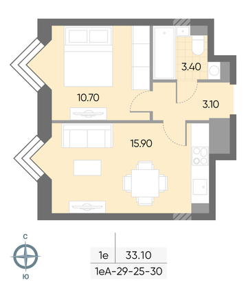 Продажа 1-комнатной квартиры 33,1 м², 27/30 этаж