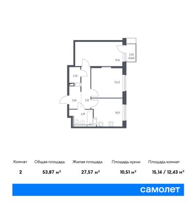 Продажа 2-комнатной квартиры 53,9 м², 6/17 этаж