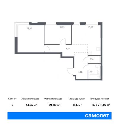 64,1 м², 2-комн. квартира, 19/30 этаж