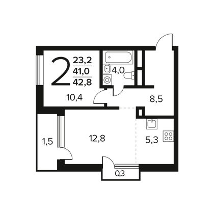 42,8 м², 2-комн. квартира, 9/14 этаж