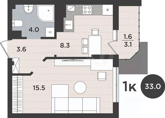 Продажа 1-комнатной квартиры 33,6 м², 9/9 этаж