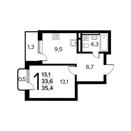 35,4 м², 1-комн. квартира, 10/14 этаж