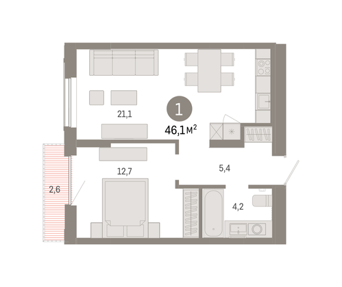 Продажа 1-комнатной квартиры 46,1 м², 14/17 этаж