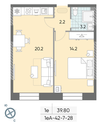 Продажа 1-комнатной квартиры 39,8 м², 25/28 этаж