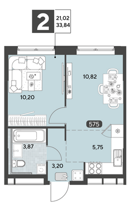 Продажа 2-комнатной квартиры 33,8 м², 3/25 этаж