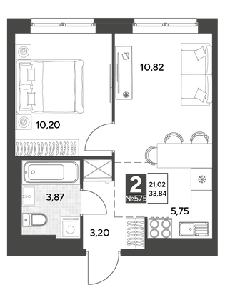 Продажа 2-комнатной квартиры 33,8 м², 3/25 этаж