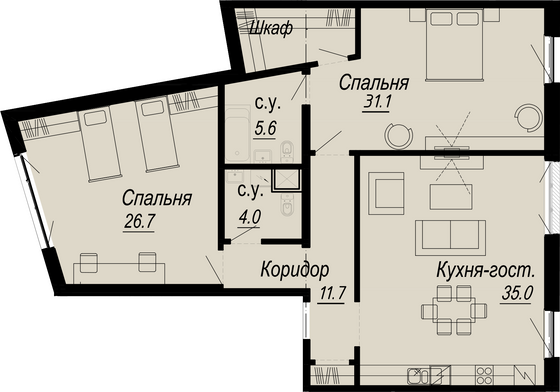 116,2 м², 2-комн. квартира, 3/8 этаж