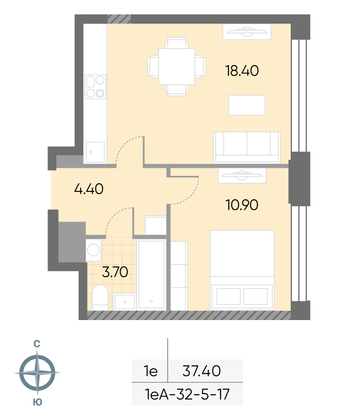 37,4 м², 1-комн. квартира, 12/30 этаж