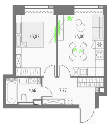 41,3 м², 1-комн. квартира, 35/57 этаж