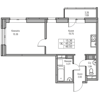 Продажа 1-комнатной квартиры 45,2 м², 19/23 этаж