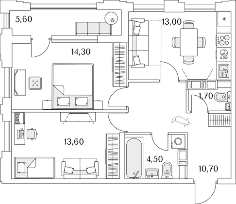 60,6 м², 2-комн. квартира, 9/13 этаж