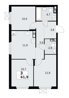61,9 м², 3-комн. квартира, 8/9 этаж