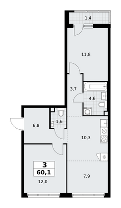 60,1 м², 3-комн. квартира, 2/9 этаж