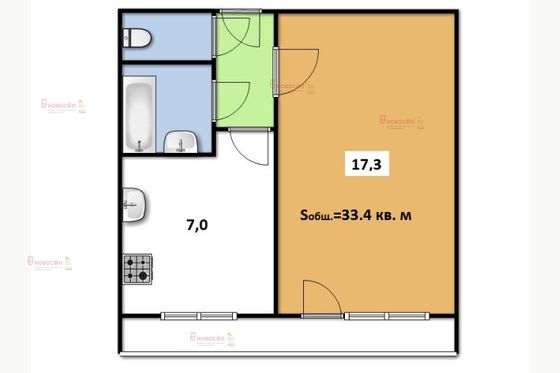 Продажа 1-комнатной квартиры 33,4 м², 6/10 этаж