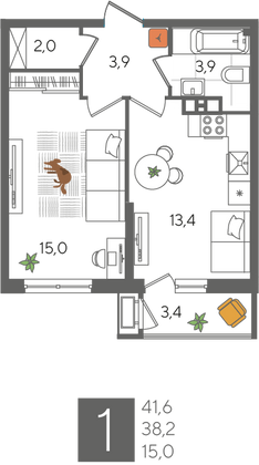 Продажа 1-комнатной квартиры 41,6 м², 9/24 этаж