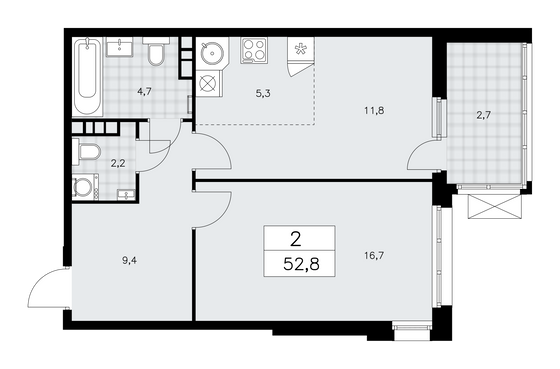 52,8 м², своб. планировка, 12/21 этаж