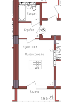 28,5 м², 1-комн. квартира, 6/9 этаж