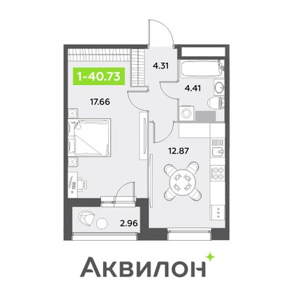 40,7 м², 1-комн. квартира, 3/12 этаж