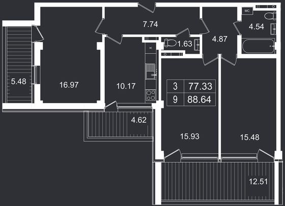 Продажа 3-комнатной квартиры 88,6 м², 2/8 этаж