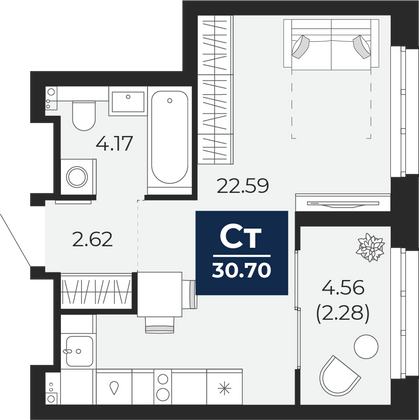 30,7 м², 1-комн. квартира, 21/23 этаж