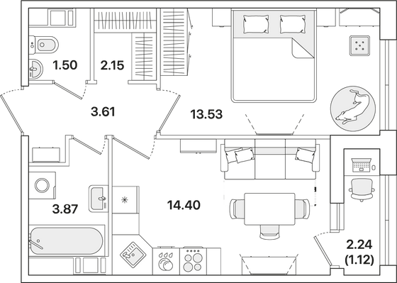 40,2 м², 1-комн. квартира, 7/12 этаж