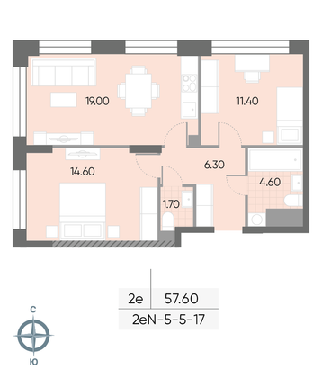 Продажа 2-комнатной квартиры 57,6 м², 5/30 этаж