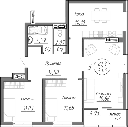 Продажа 3-комнатной квартиры 81,3 м², 2/25 этаж