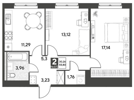 Продажа 2-комнатной квартиры 55,8 м², 24/25 этаж