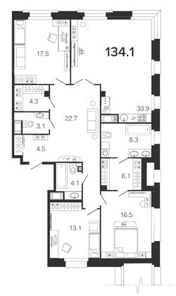 134,9 м², 4-комн. квартира, 3/9 этаж