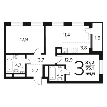 Продажа 3-комнатной квартиры 56,6 м², 6/11 этаж