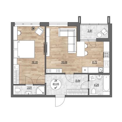 Продажа 2-комнатной квартиры 66,9 м², 6/9 этаж