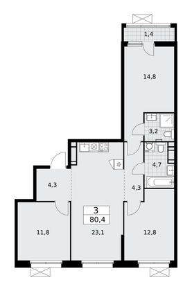 80,4 м², своб. планировка, 15/17 этаж