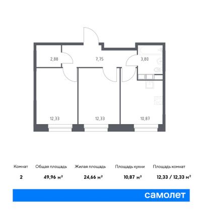 50 м², 2-комн. квартира, 8/10 этаж