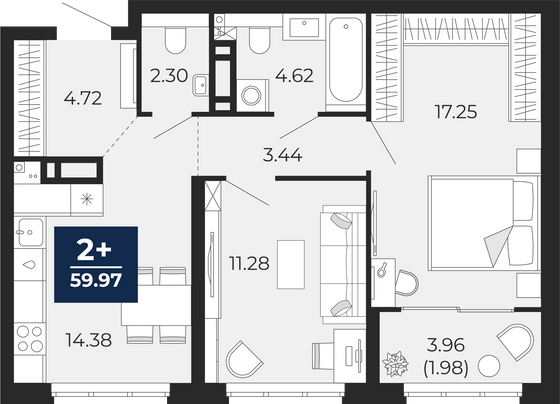 60 м², 2-комн. квартира, 14/22 этаж