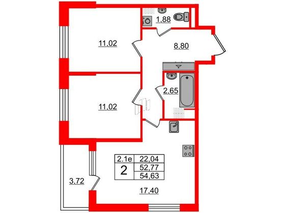 Продажа 2-комнатной квартиры 52,8 м², 5/5 этаж