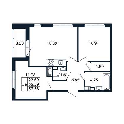 54,3 м², 2-комн. квартира, 11/13 этаж