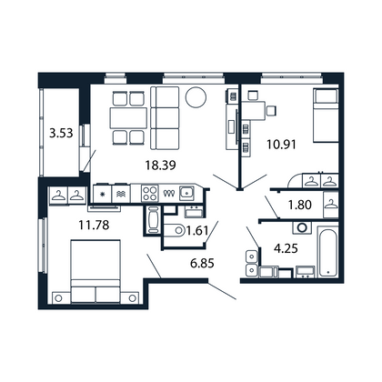 Продажа 2-комнатной квартиры 54,3 м², 11/13 этаж