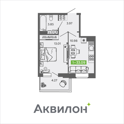 33,1 м², 1-комн. квартира, 8/9 этаж