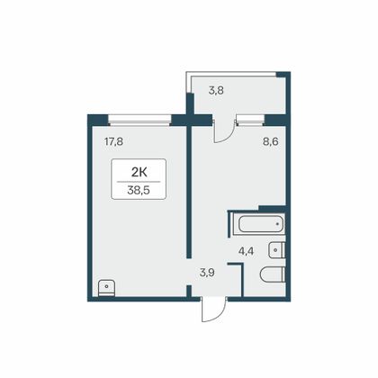 38,5 м², 2-комн. квартира, 15/17 этаж