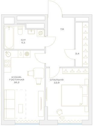 Продажа 1-комнатной квартиры 45,4 м², 14/23 этаж