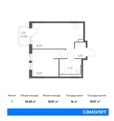 34,3 м², 1-комн. квартира, 13/15 этаж