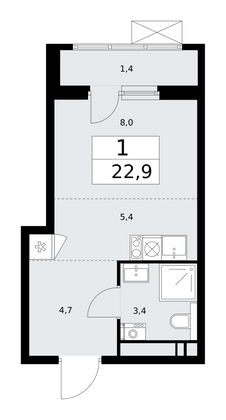 22,9 м², своб. планировка, 13/13 этаж