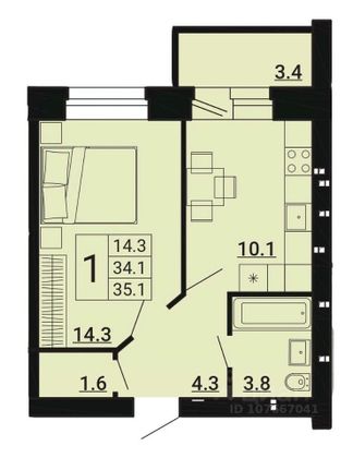 Продажа 1-комнатной квартиры 35,1 м², 4/8 этаж