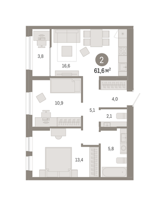 Продажа 2-комнатной квартиры 61,6 м², 16/17 этаж