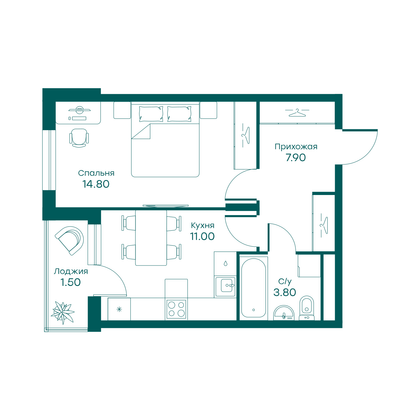 39 м², 1-комн. квартира, 5/6 этаж