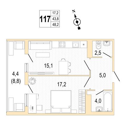 Продажа 1-комнатной квартиры 48,1 м², 6/8 этаж